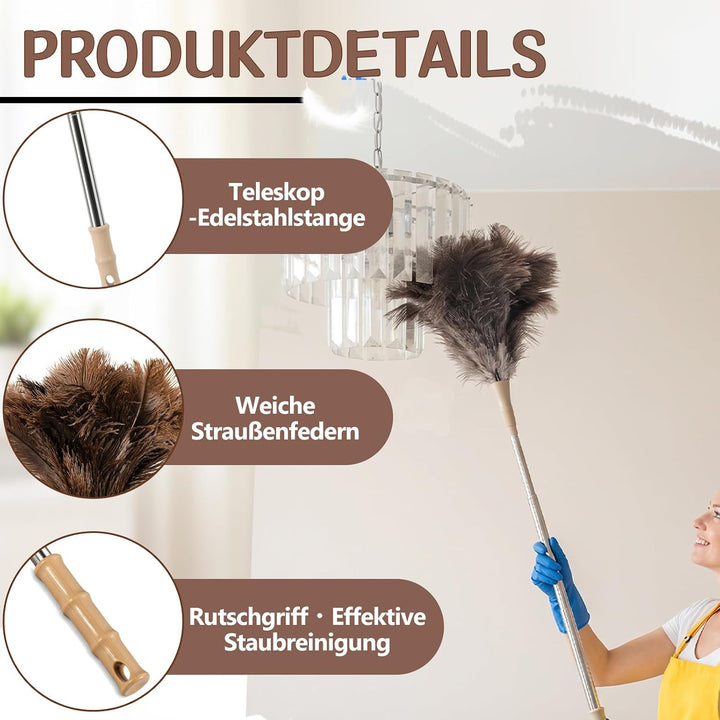 Staubwedel Straussenfedern Teleskop bis 135cm Mit austauschbarem Federkopf