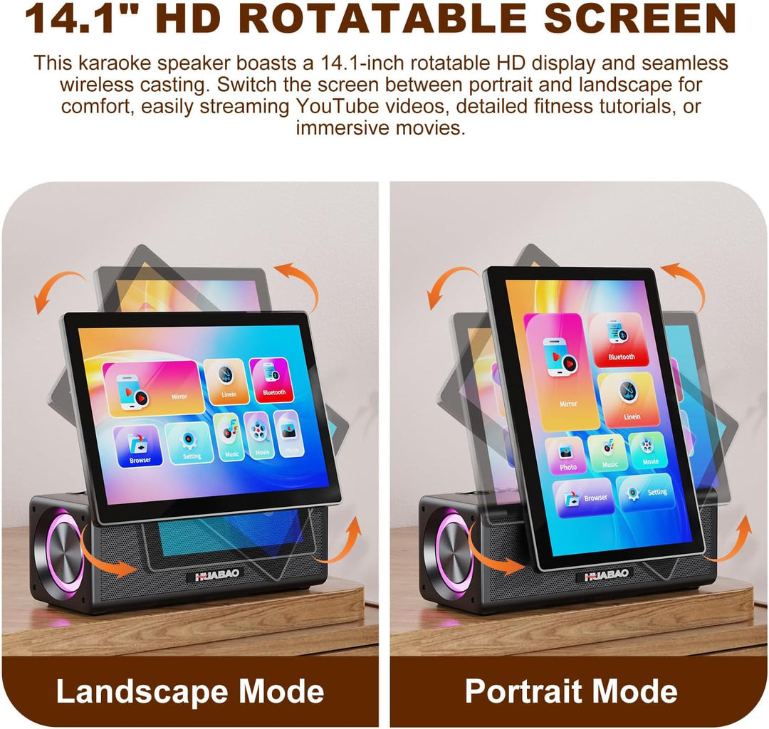 HUABAO Tragbare Karaoke-Maschine mit 14,1-Zoll-HD-Drehbildschirm, kabelloser Bildschirmspiegelung fü