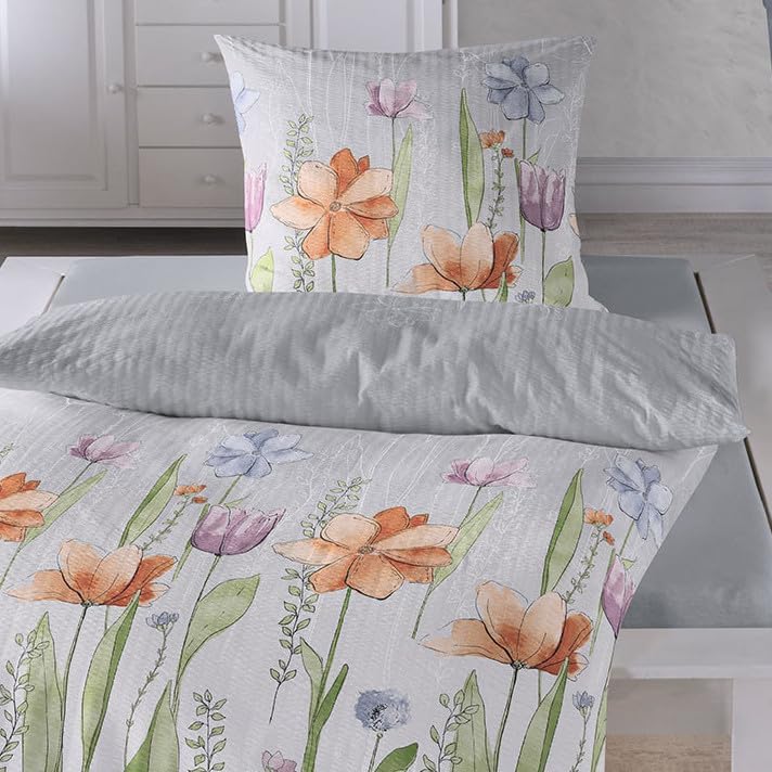 Traumschlaf Seersucker Bettwäsche Set • aus 100% Baumwolle in floralen Aquarell Blumen Muster • Büge