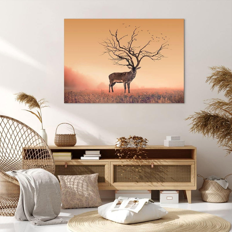 ARTTOR Bilder auf Leinwand 100x70cm Leinwandbild Hirsch Baum Nebel Wald Gross Wanddeko Bild Schlafzi