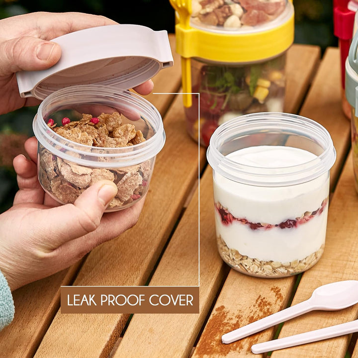 CRYSTALIA Müslibecher to Go mit Löffel & Gabel Set 4, 100 % BPA-FREI Joghurt Becher to Go mit Deckel