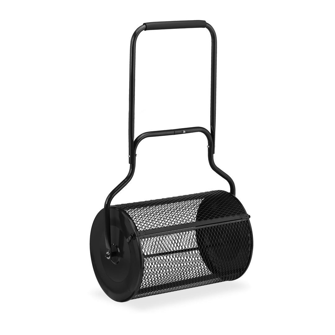 Relaxdays Kompoststreuer für Rasen, Meshkorb 75 L, Gartenstreuer mit Griff, HBT: 118x68x40 cm, Torfm