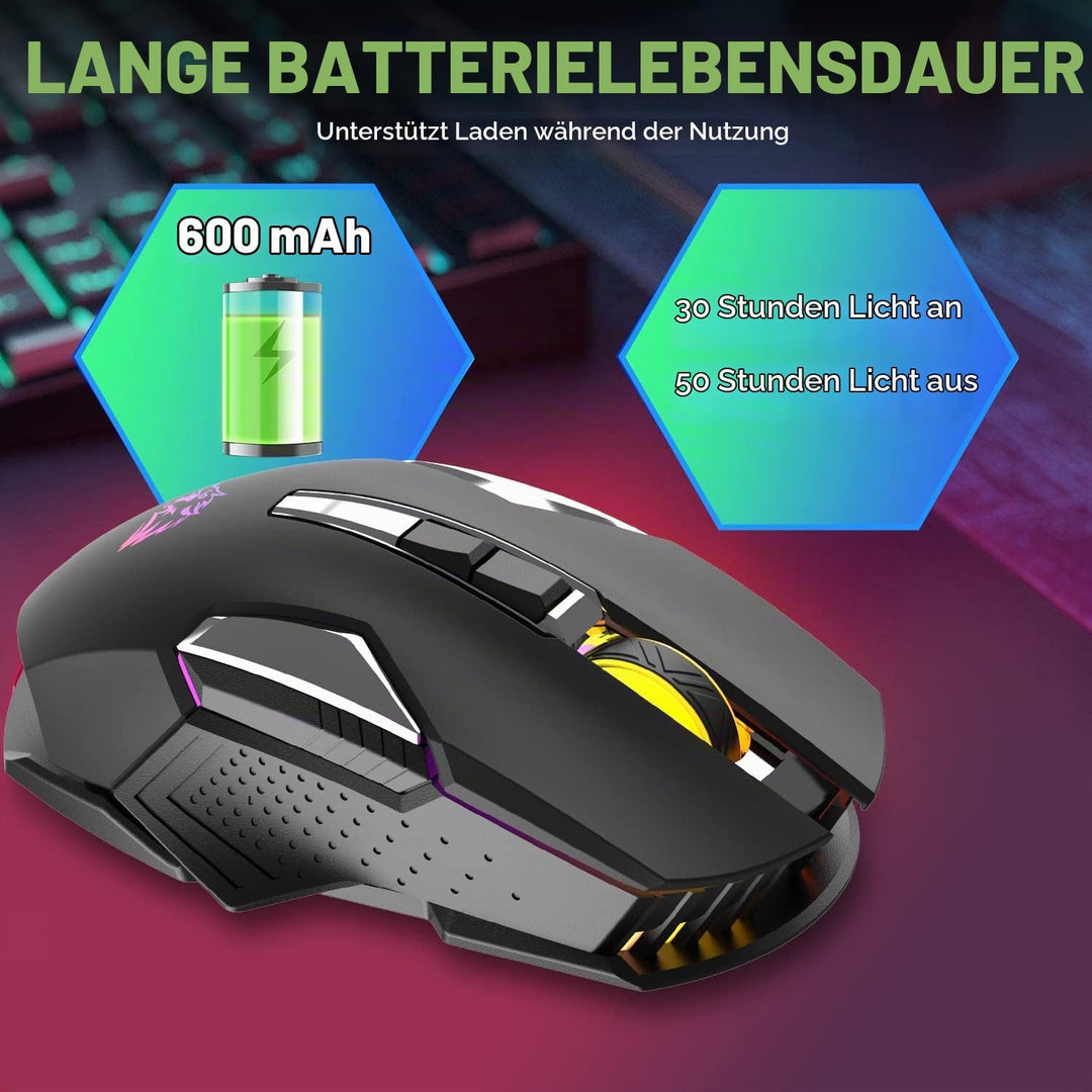 Kabellose Gaming-Maus, 2400 DPI, Seitentaste, USB Empfänger, Atmung RGB-Beleuchtung, 7 Tasten Lautlo