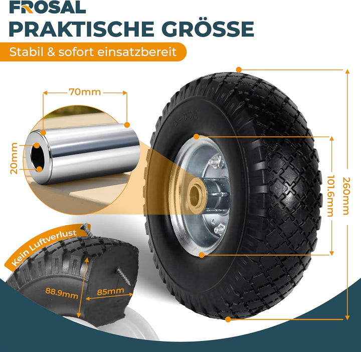 FROSAL 2x Vollgummireifen 260mm (3.00-4) pannensicher – Ersatzrad für Bollerwagen & Sackkarre – PU R
