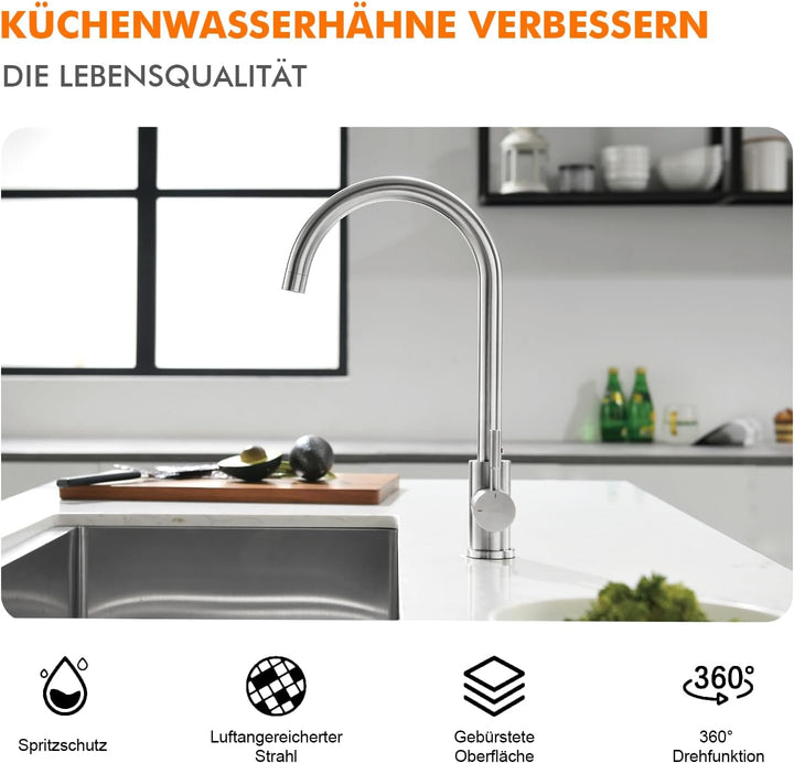GRIFEMA Küchenarmatur Mischbatterie 360° Drehung- Wasserhahn Küche Edelstahl, Spültischarmatur mit H