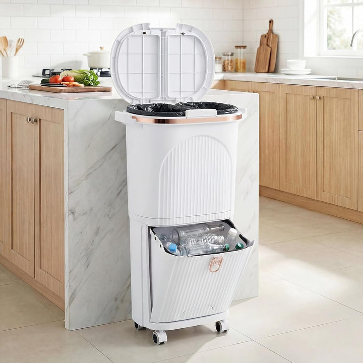 GIANTEX Mülleimer Küche 3 Fächer, Mülltrennsystem mit 2 x 12L Inneneimer & 14L Treteimer, Abfalleime