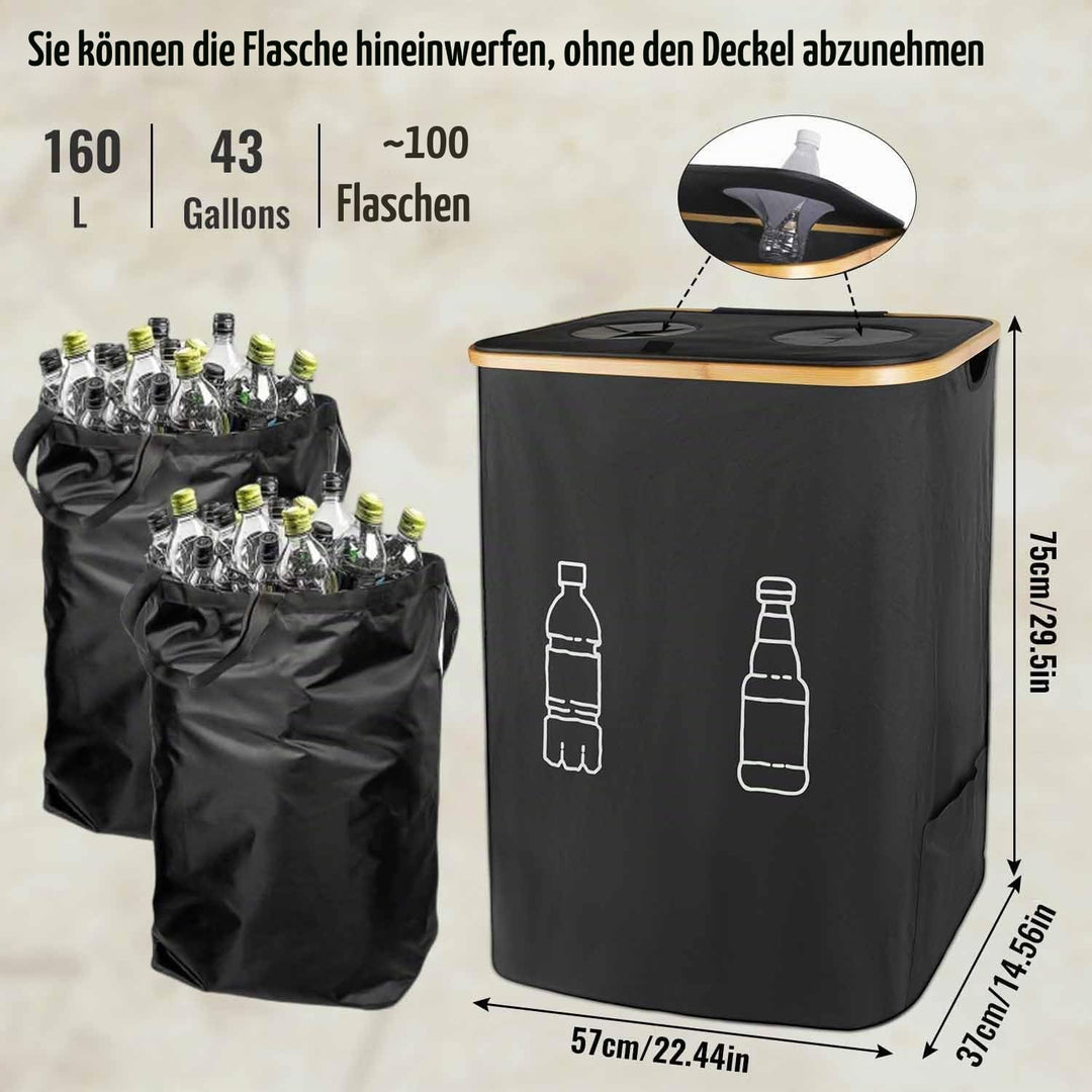 Pfandflaschen Sammelbehälter 2 Fächer, 160L Pfandflaschen Behälter mit 4 Tragetaschen, Grosse Aufbew