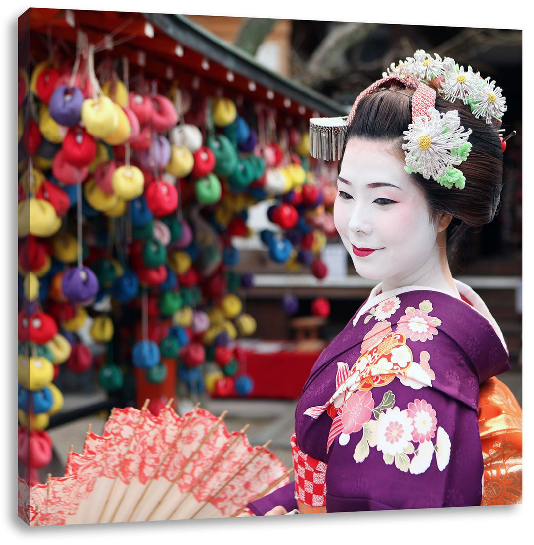 Anmutige Geisha mit Fächer, Format: 70x70 auf Leinwand, XXL riesige Bilder fertig gerahmt mit Keilra