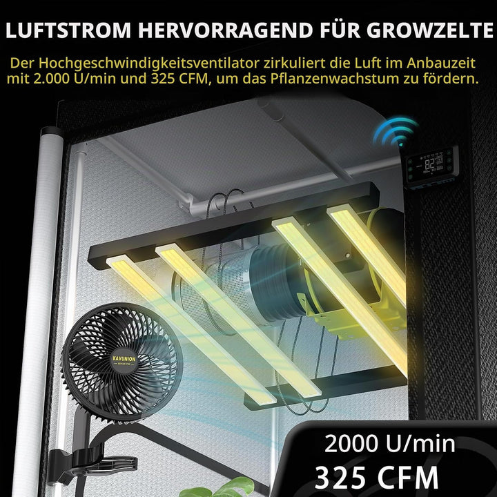 KAVUNION K1 Growzelt Clip Ventilator, 9W EC-Motor Ventilator Oszillierend 6-stufige Geschwindigkeits