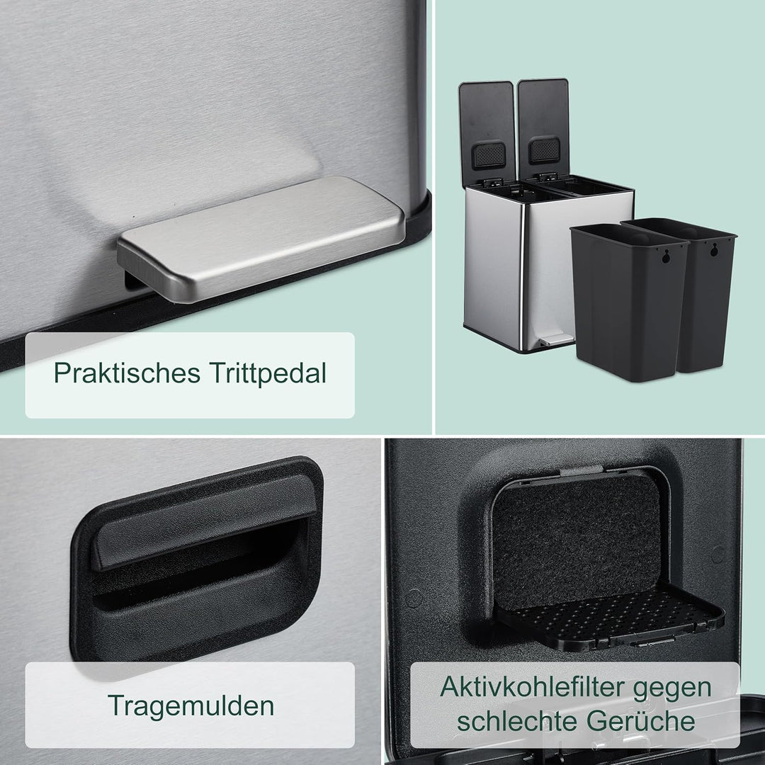 Relaxdays Mülleimer 2 x 15 Liter, Küchenmülleimer mit Geruchsfilter, Biomüll, Absenkautomatik und Tr