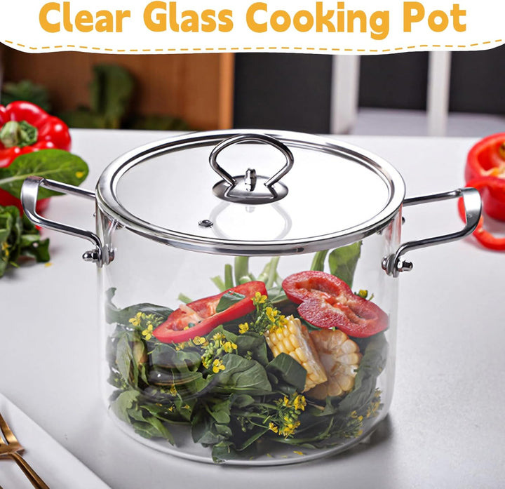 4,5L Übergrösse Glastopf mit Deckel, hitzebeständiger Glas-Suppentopf mit Edelstahl-Doppelgriffen, u