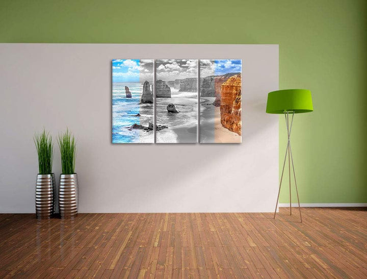 Sansteinklippen an blauem Meer schwarz/weiss 3-Teiler Leinwandbild 120x80 Bild auf Leinwand, XXL rie