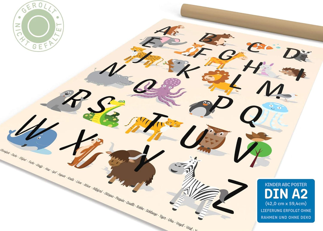 ABC Poster DIN A2 für Kinderzimmer, Alphabet Poster für Mädchen und Jungen, Buchstaben zum Lernen, T