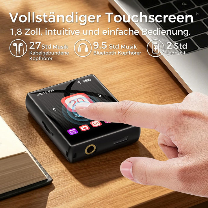 64GB MP3 Player mit Bluetooth 5.3, 1,8 Zoll Touchscreen MP3 Player mit Lautsprecher, HiFi Sound, UKW