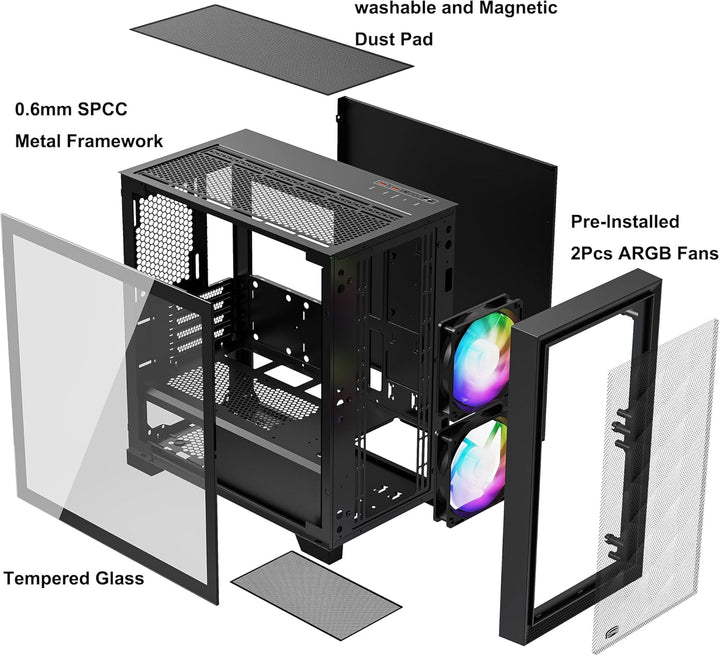 PCCOOLER CPS C3D310 M-ATX PC-Gehäuse mit Glasfenster, 2X 120mm ARGB-Lüfter, unterstützt 240/280mm Wa