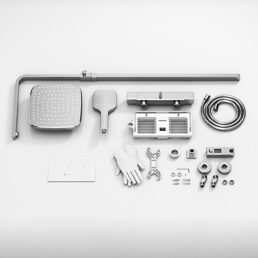 HOMELODY Duschsystem mit Thermostat & Duschablage Chrom - Duscharmatur Komplettset mit Handbrause &