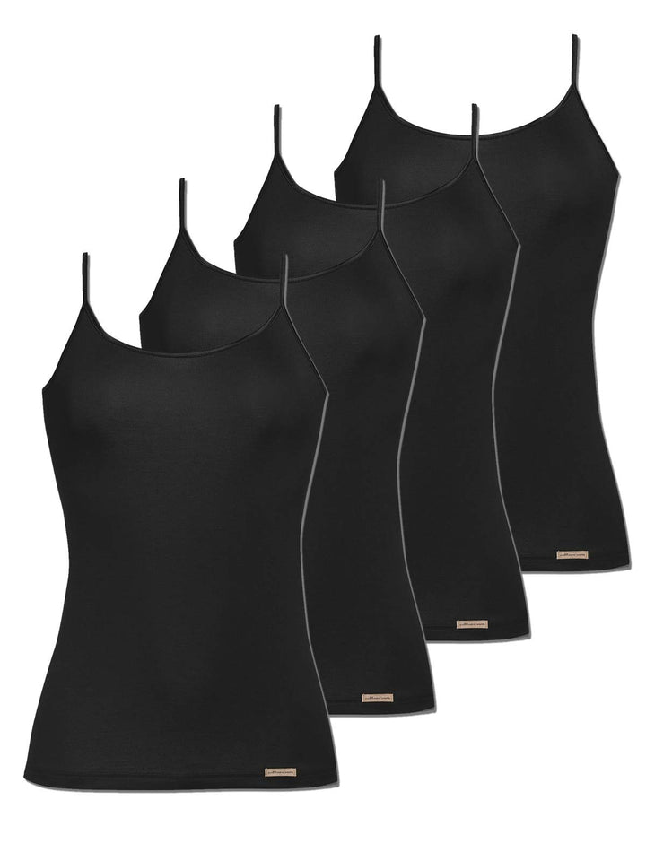 COMAZO Earth 4er Sparpack Damen Unterhemd Spaghettiträger, Gr. 36-46 38 Schwarz, 38 Schwarz