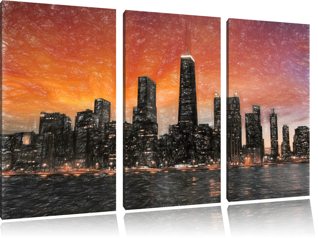 Pixxprint Chicago-Wolkenkratzer-Silhouette als Leinwandbild/Grösse: 3 Teilig (120x80) cm/Wandbild/Ku