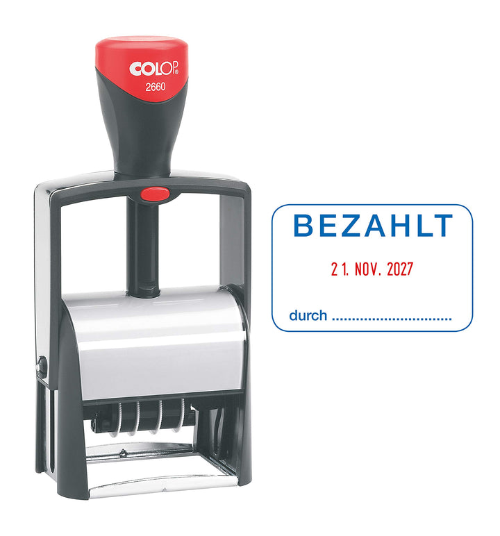 COLOP 2660 Datumstempel mit Text Bezahlt Datum deutsch Abdruck Blau/rot im Karton, klein