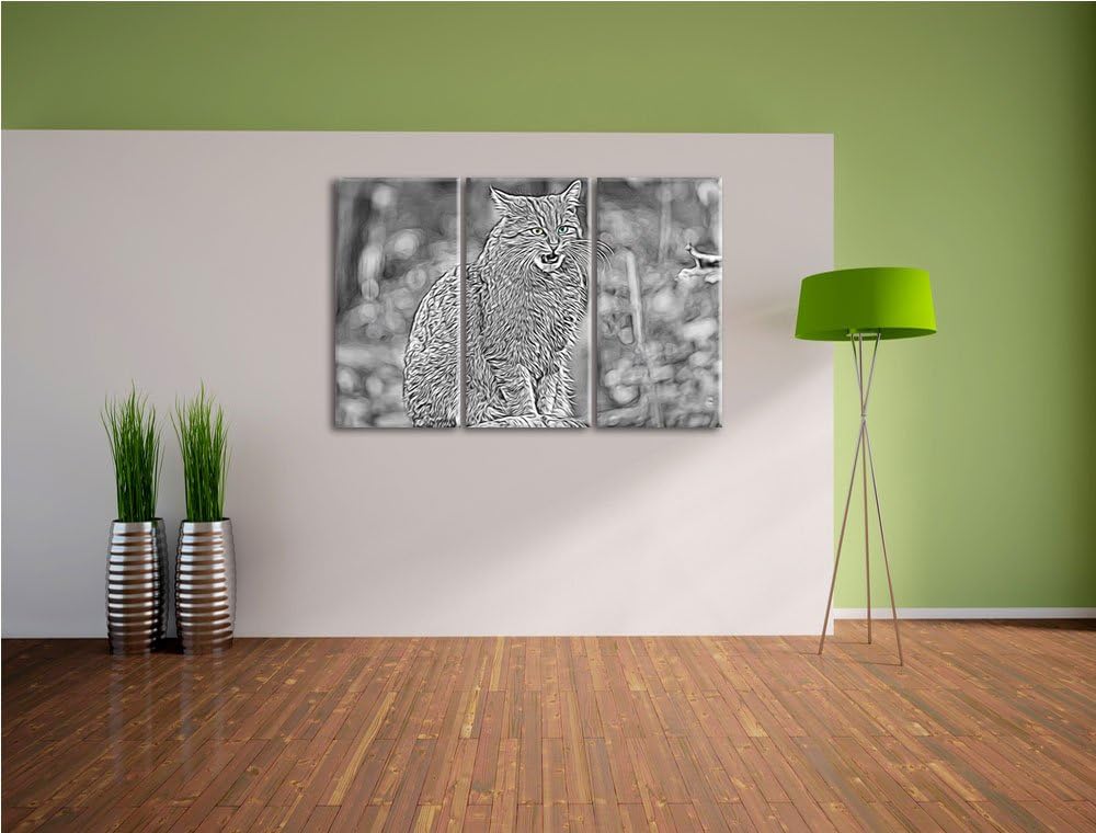 bildschöne Manul auf Baumstamm schwarz/weiss Deluxe 3-Teiler Leinwandbild 120x80 Bild auf Leinwand,