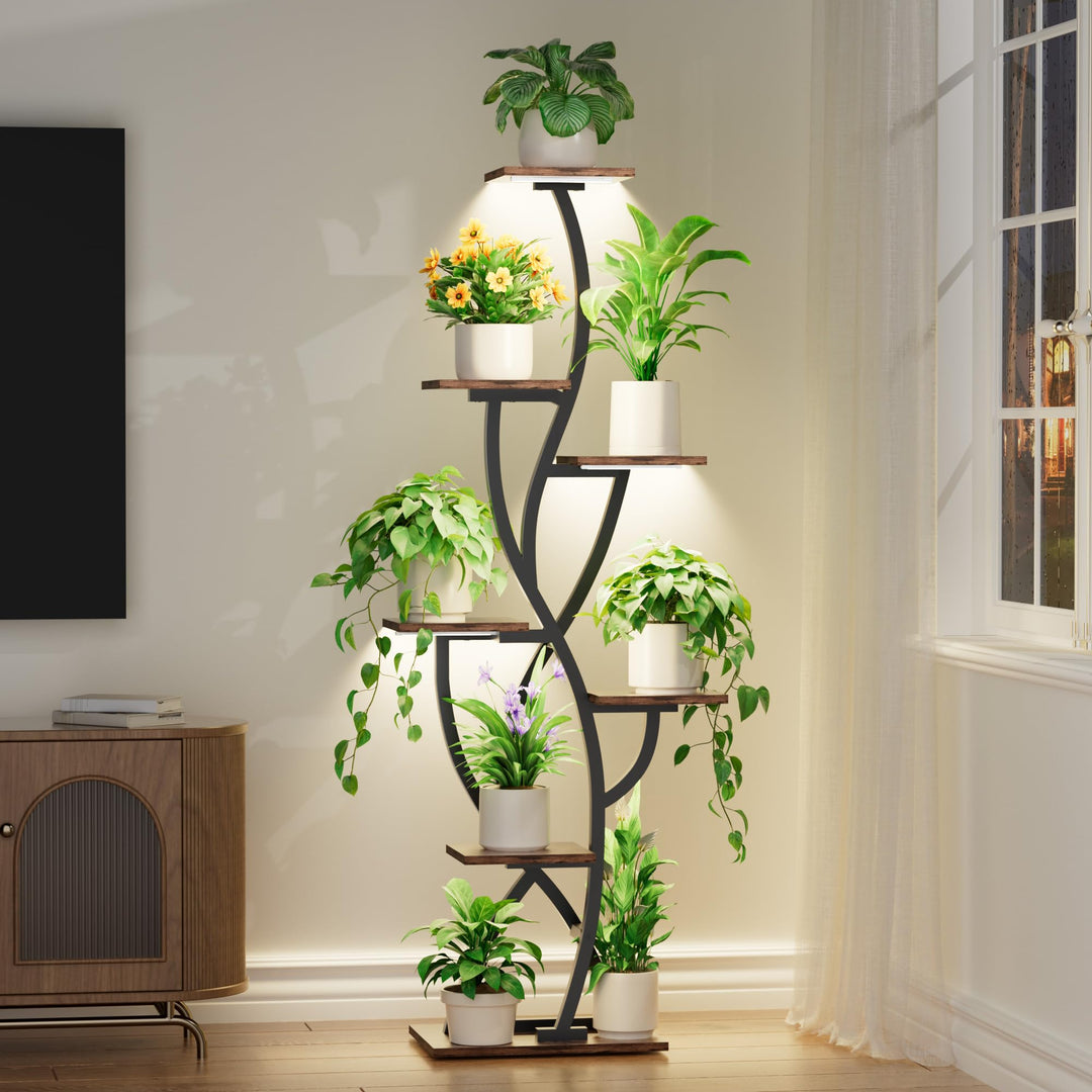 Pflanzenregal mit Wachstumslicht - 7 Ebenen Blumenständer 147cm Metall Holz Pflanzenständer - Innen