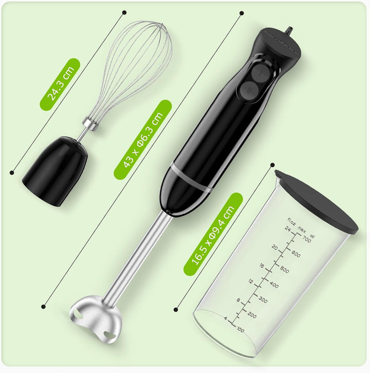 Bonsenkitchen 3 in 1 Elektrischer Stabmixer, 1000W Pürierstab mit Schneebesen/Messbecher, Stufenlose