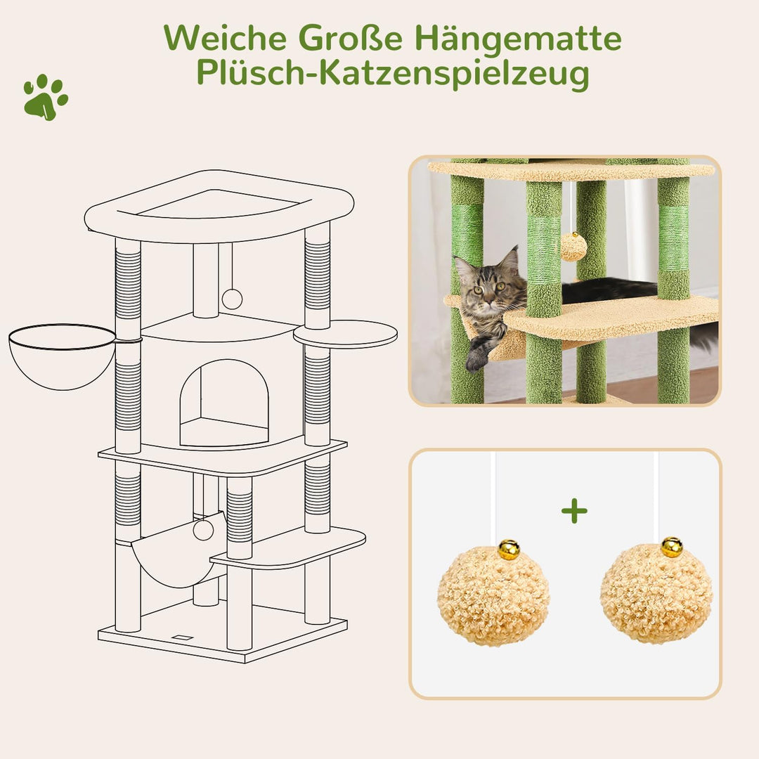 Globlazer Kratzbaum Ecke Kaktus Grün, Eckkratzbaum Stabil hoch 130 cm mit Gross Katzenhaus Sektor Ge