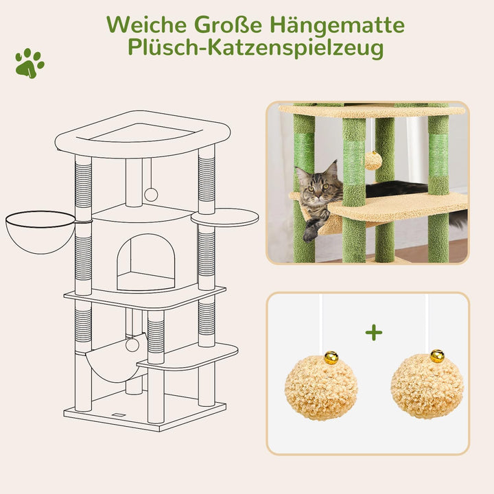 Globlazer Kratzbaum Ecke Kaktus Grün, Eckkratzbaum Stabil hoch 130 cm mit Gross Katzenhaus Sektor Ge