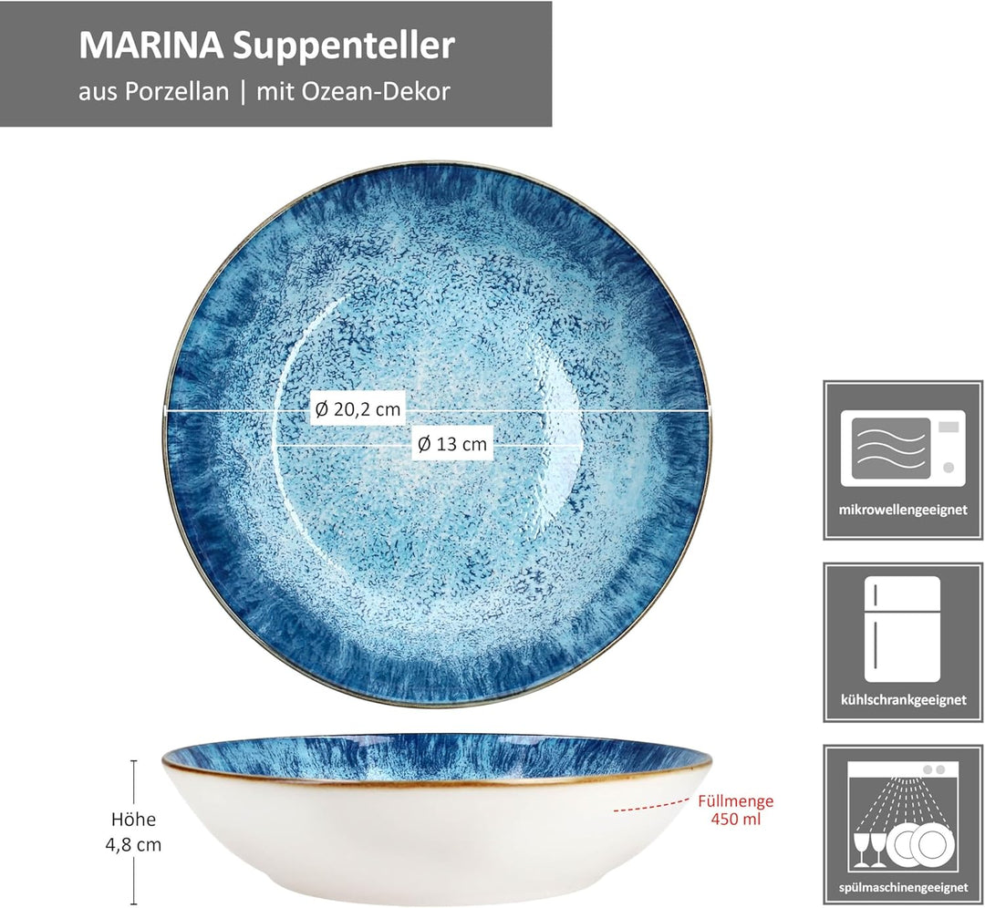 MamboCat Marina 6er Set Suppenteller I 450ml I blaue Porzellan-Teller maritimem Design für 6 Persone