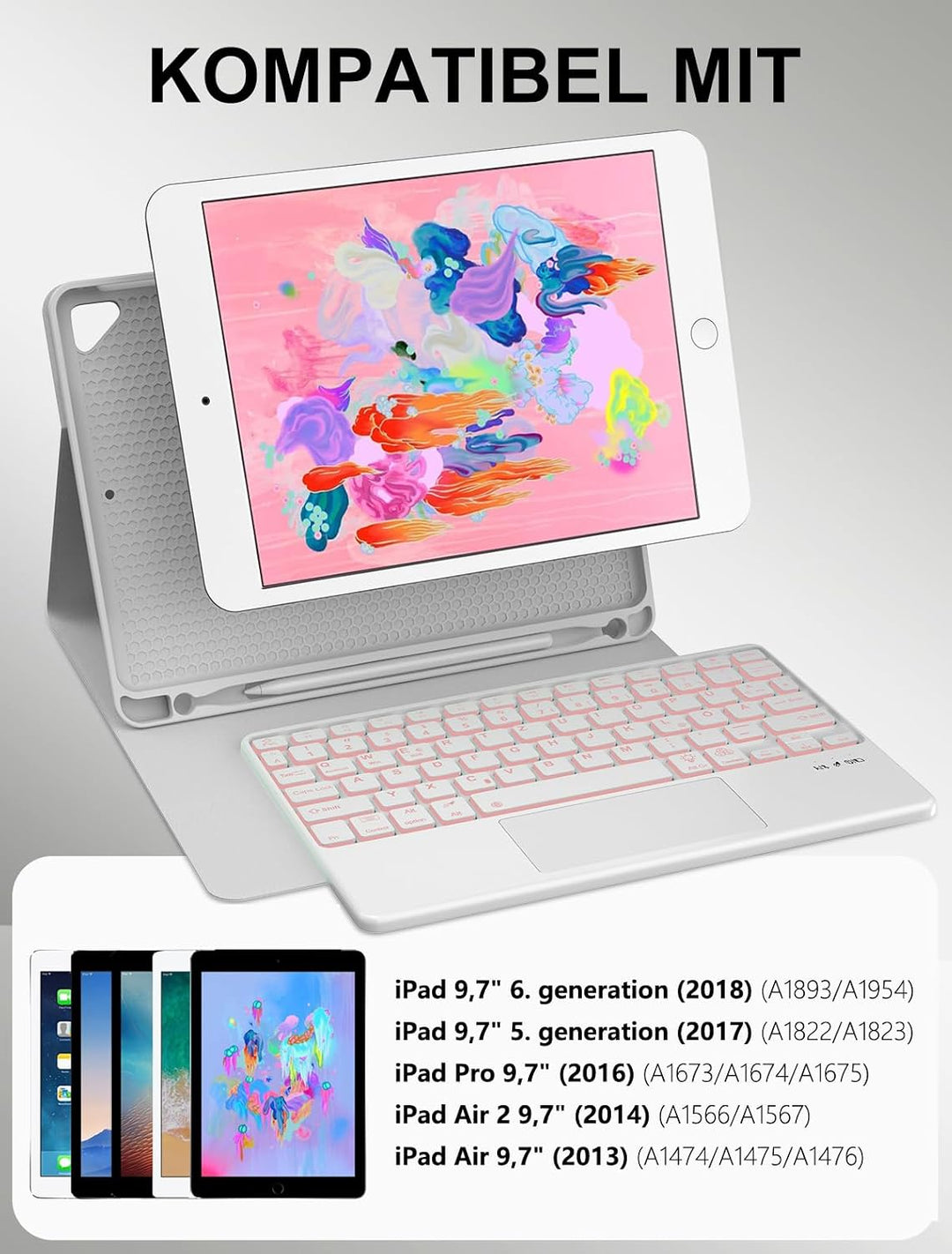 JADEMALL Für iPad 6 9,7"&amp; Air 2 Hülle mit Touchpad &amp; Beleuchtung QWERTZ | Mit 7-Farben Beleuchtung &amp;