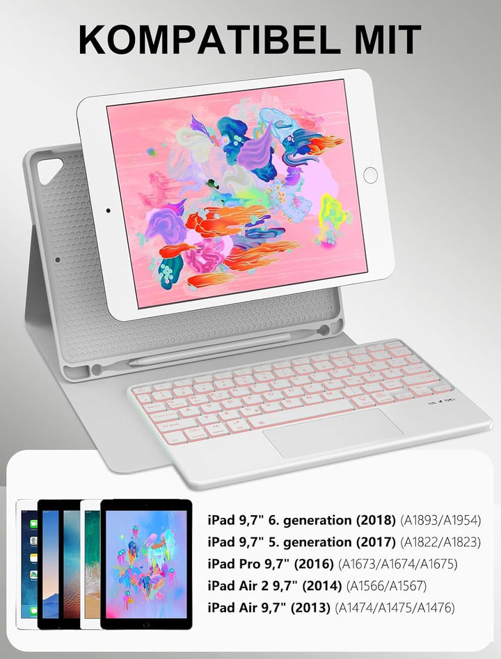 JADEMALL Für iPad 6 9,7"&amp; Air 2 Hülle mit Touchpad &amp; Beleuchtung QWERTZ | Mit 7-Farben Beleuchtung &amp;