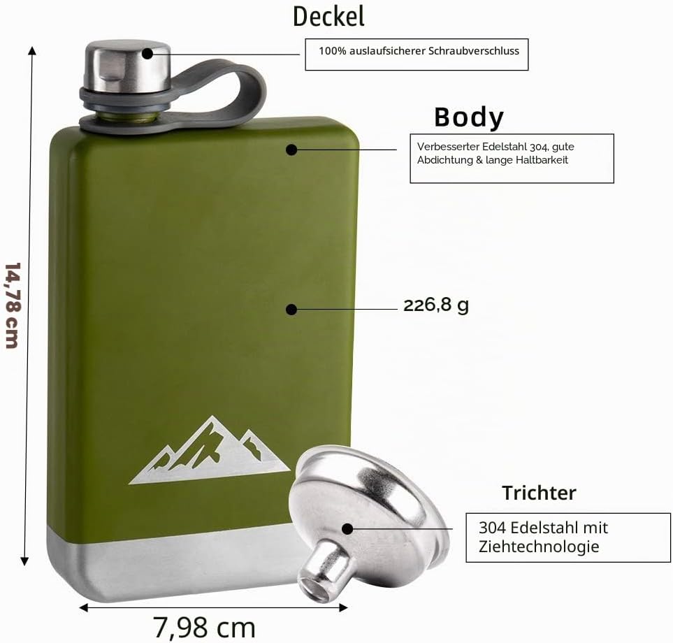 KWANITHINK Flachmann Edelstahl, 8oz/227ml Hip Flask Mit Trichter, Vatertagsgeschenk Whisky, Geschenk