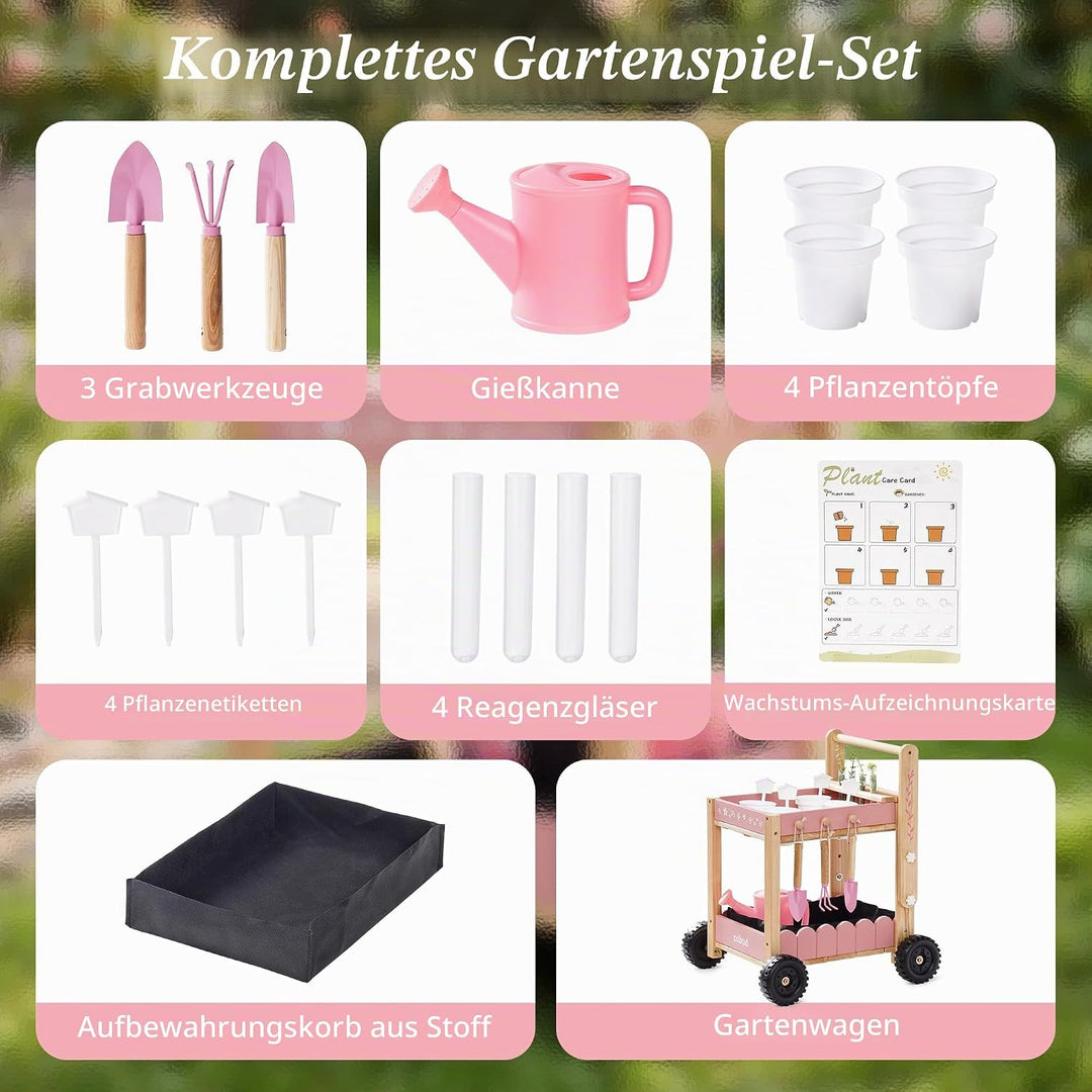ROBUD Gartenwerkzeug Kinder mit Holzwagen, Gartenset mit Giesskanne, Schaufel, Handrechen, Pflanztöp