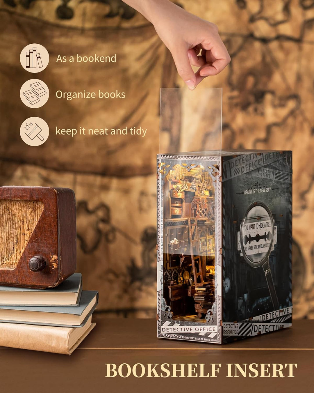 Quanquer Book Nook Kit-Detektivbüro Mit Staubschutzhülle Miniatur Puppenhaus Bücherregal 3D Holzpuzz