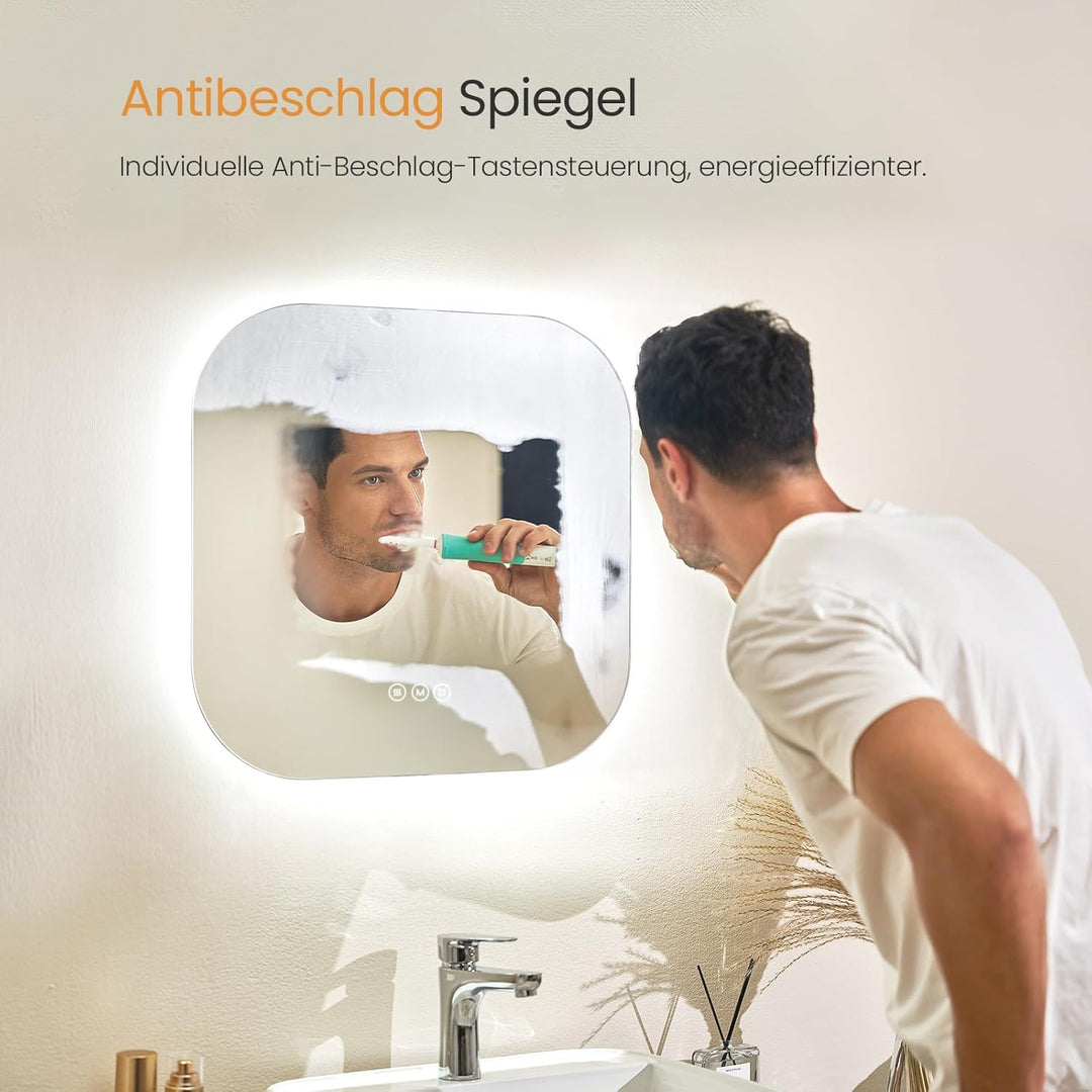 EMKE Badspiegel mit Beleuchtung 60x60cm mit 3 Lichtfarbe Dimmbar, Antibeschlag, Touchschalter, Speic
