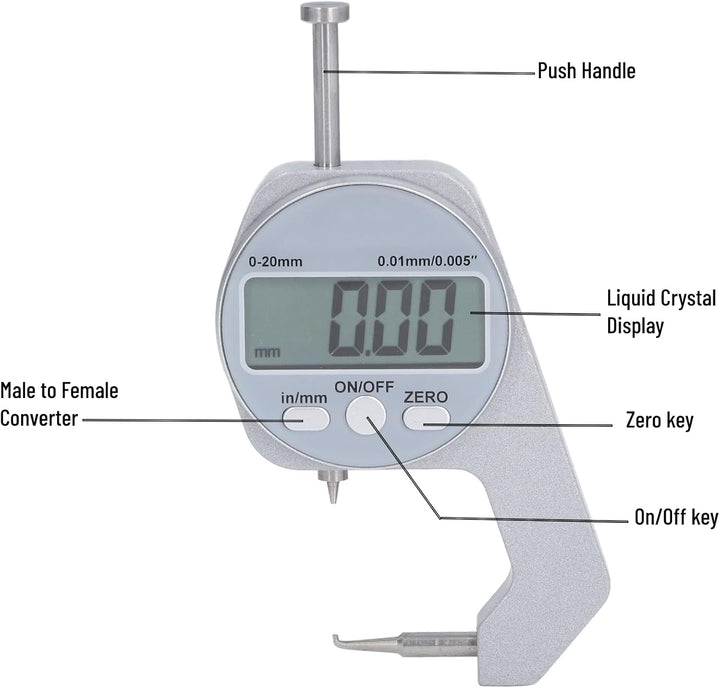 LiebeWH Dickenmesser 0-20 mm Bereich LCD-Digitalanzeige Kleine Mikrometerschraube mit Gebogener Spit