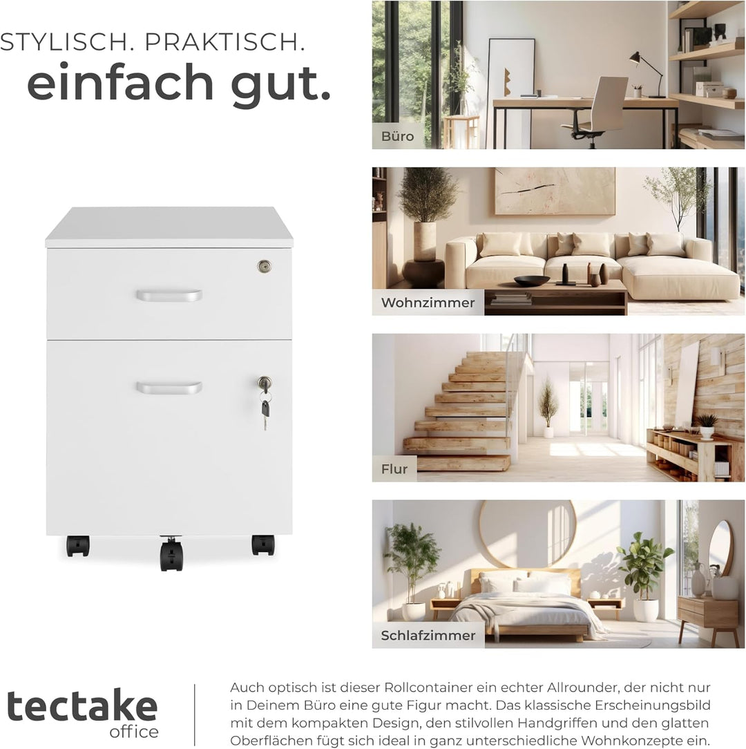 tectake® Rollcontainer mit Schubladen, Aktenschrank abschliessbar, Kommode mit Schubladen, Rollwagen