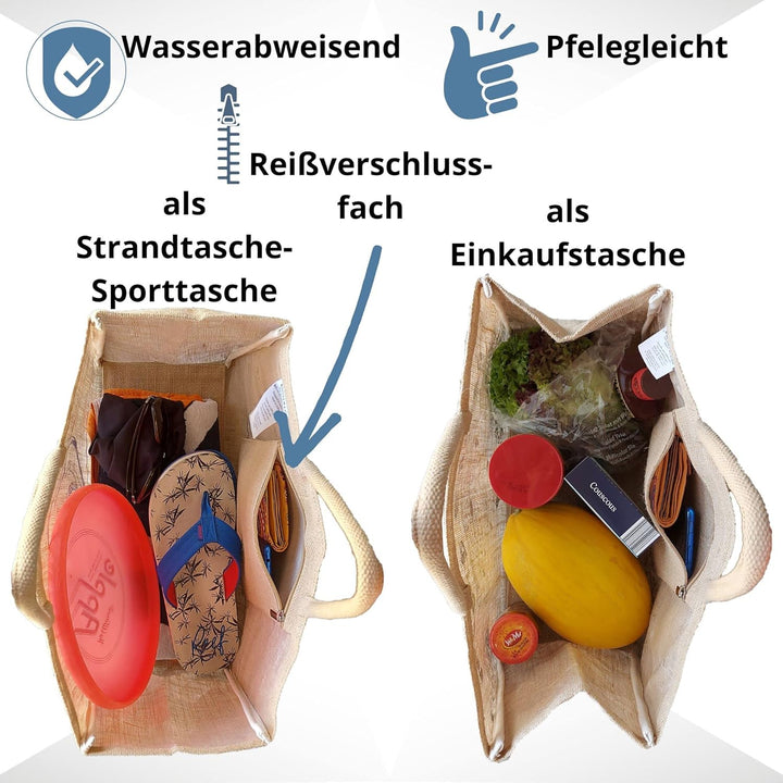 Domelo Jutetasche vegane Einkaufstasche gross Einkaufskörbe bedruckt beige | Leichte Tragetasche 24L