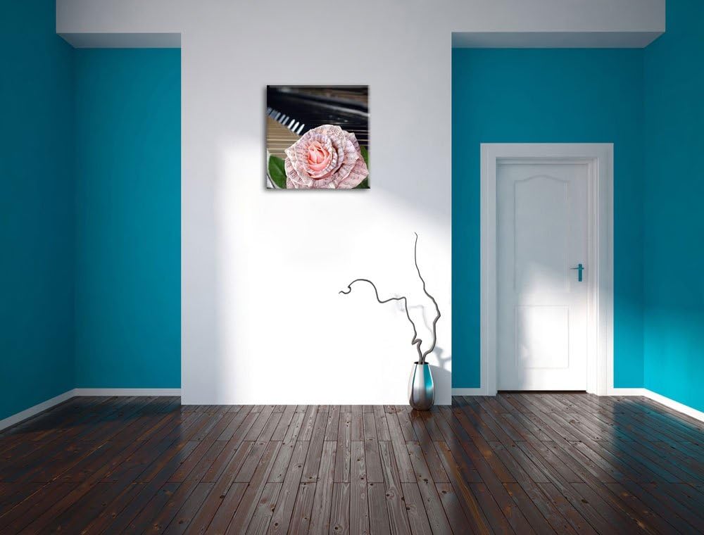 Pixxprint Noten auf zarter Rose neben Klavier, Format: 70x70 auf Leinwand, 70x70