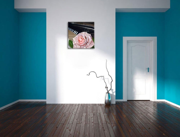 Pixxprint Noten auf zarter Rose neben Klavier, Format: 70x70 auf Leinwand, 70x70