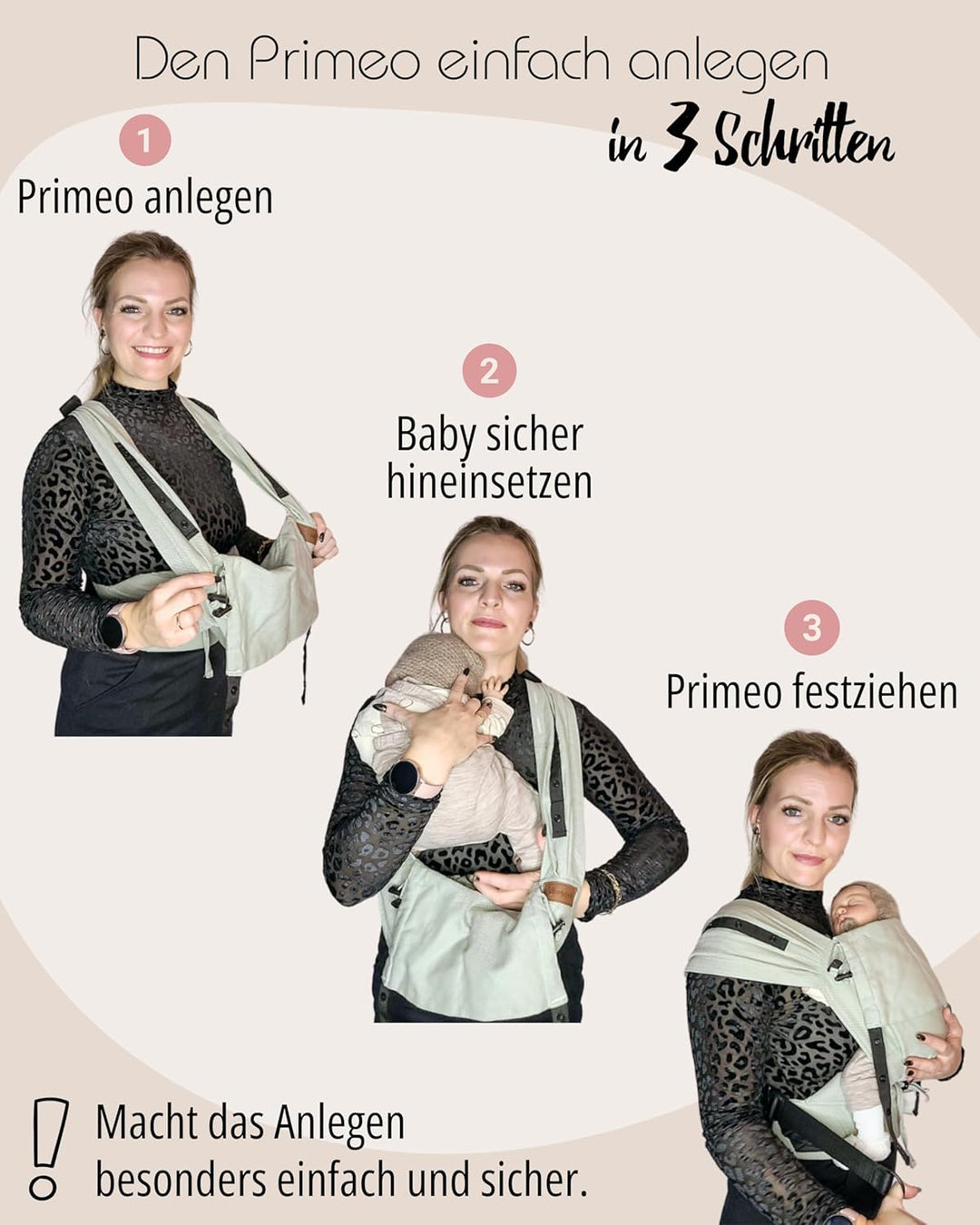 Hoppediz Primeo Babytrage für Neugeborene – Ergonomische Babytrage aus 100% kbA Baumwolle – Bauchtra