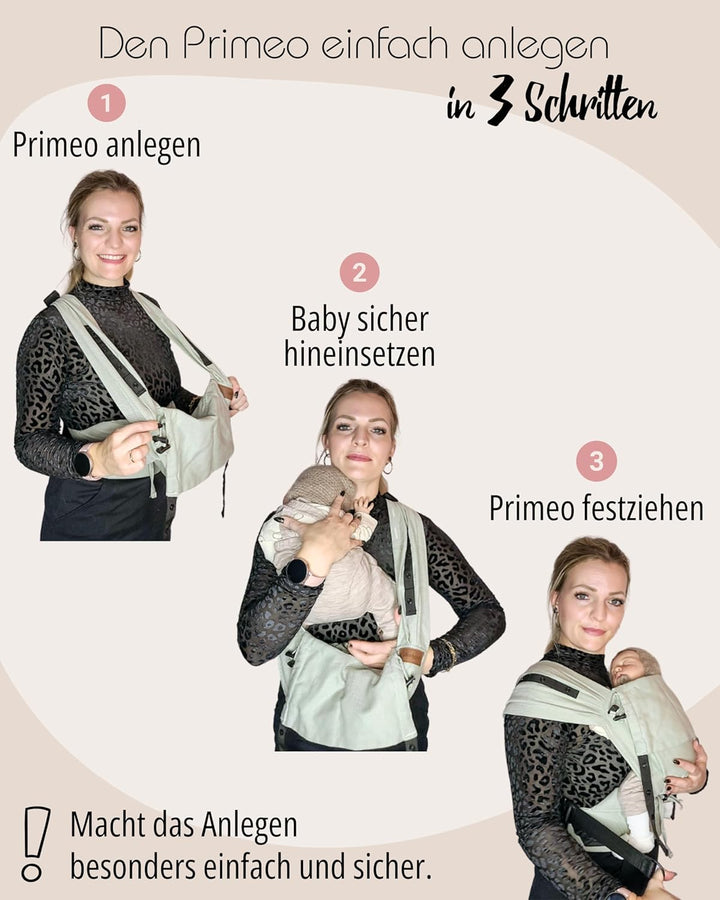 Hoppediz Primeo Babytrage für Neugeborene – Ergonomische Babytrage aus 100% kbA Baumwolle – Bauchtra