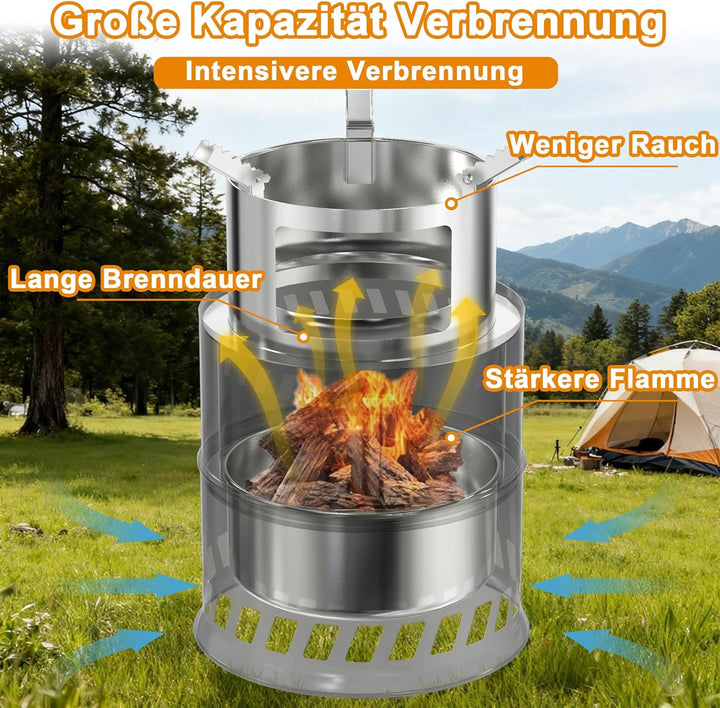 Holzofen Campingkocher aus Edelstahl, Hobo Kocher mit rutschfestem Topfständer für Pfannen, Töpfe &