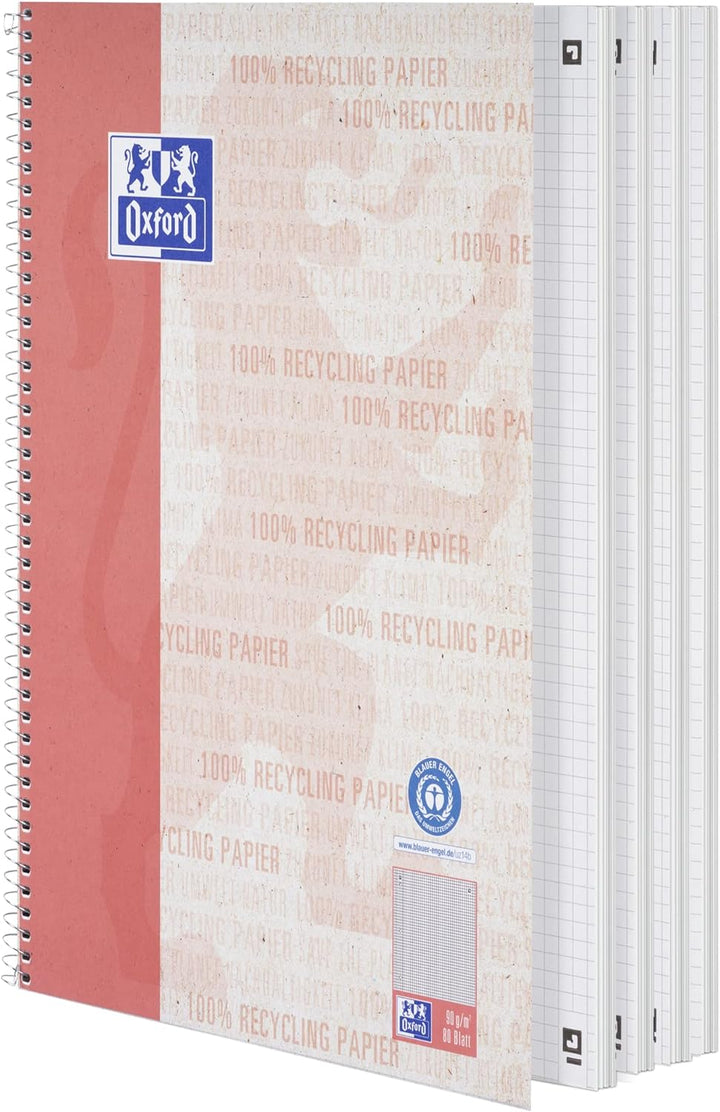 Oxford Recycling Collegeblock A4 kariert Rand links, 80 Blatt, 10 Stück A4 kariert mit Rand links, A