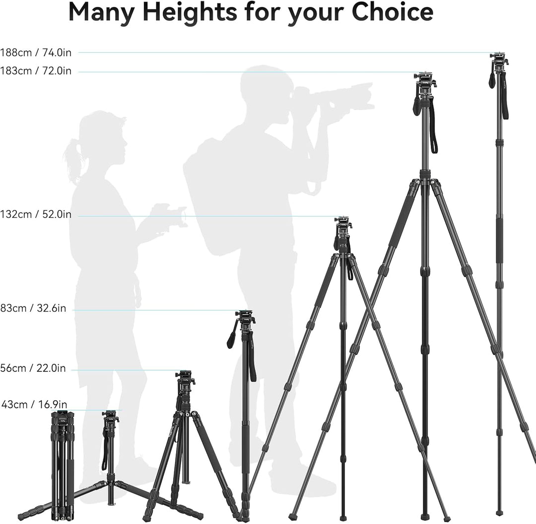 SMALLRIG 71" Videostativ mit Fluidkopf, Aluminium Kamerastativ, 360-Panorama Video Tripod für Reisen