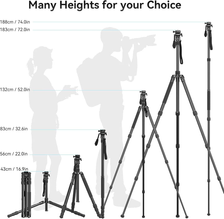 SMALLRIG 71" Videostativ mit Fluidkopf, Aluminium Kamerastativ, 360-Panorama Video Tripod für Reisen