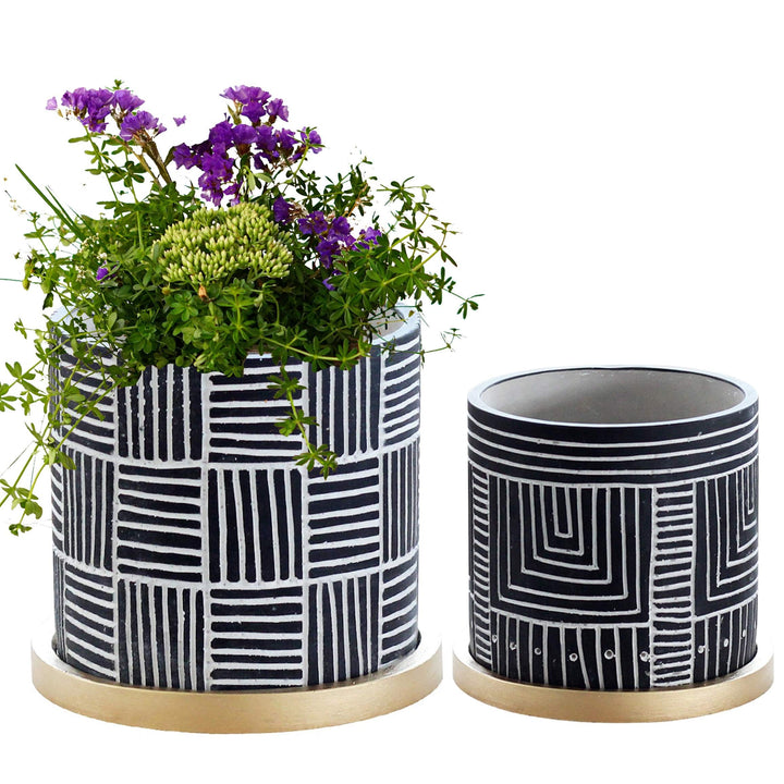 Olly & Rose Designer Schwarze Blumentöpfe Set 2 mit goldenen Untersetzern Keramik Blumentopf Übertöp