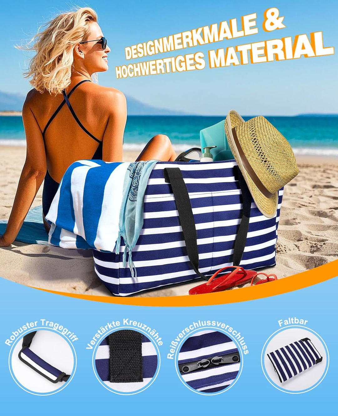ISEYOU Strandtasche XXL Familie mit Kühltasche, Gross Strandtasche mit Reissverschluss Wasserdicht S