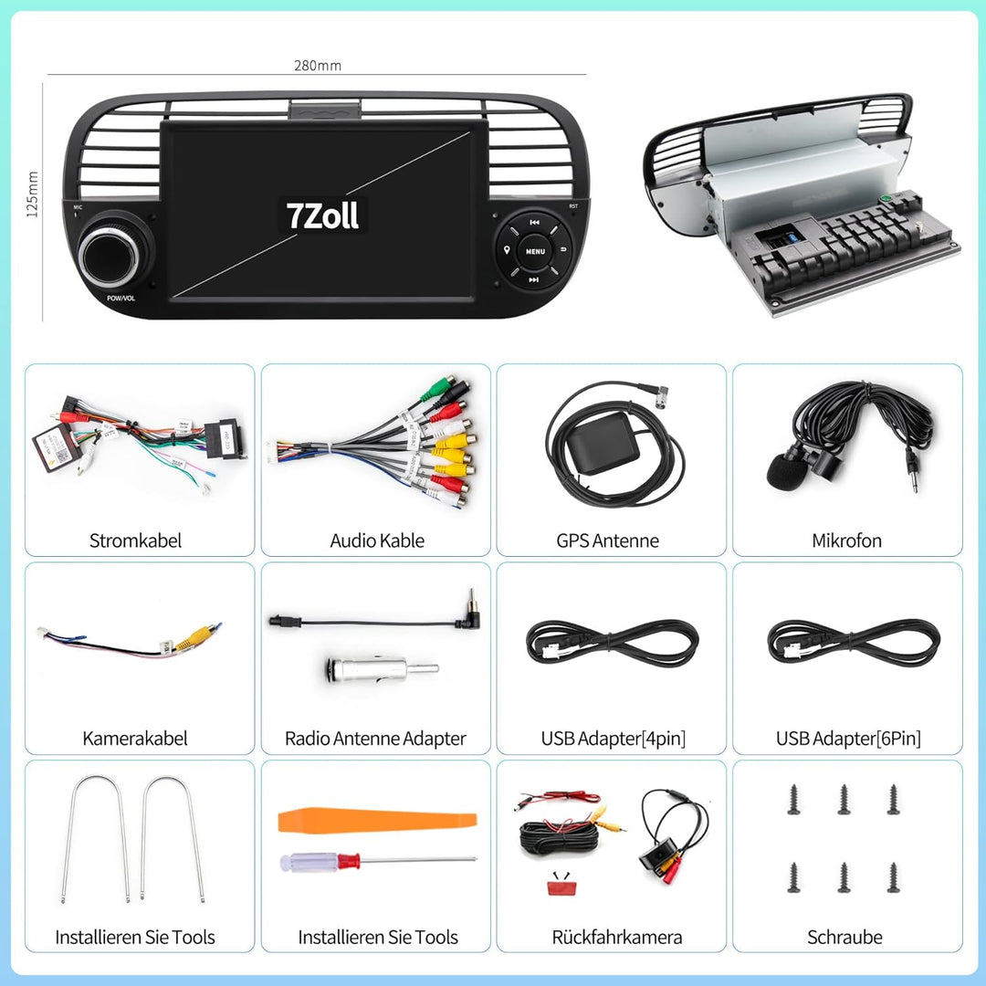 Android 13 Autoradio für FIAT 500 (2007–2015) | 7-Zoll-IPS-Touchscreen mit wasserdichter HD-Rückfahr
