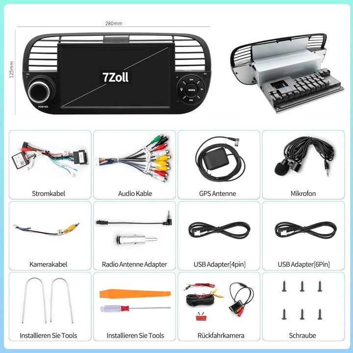 Android 13 Autoradio für FIAT 500 (2007–2015) | 7-Zoll-IPS-Touchscreen mit wasserdichter HD-Rückfahr